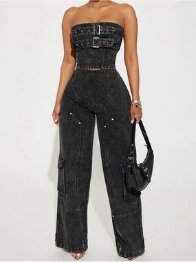Fashion Nova Black Washed Strapless Denim Jumpsuit